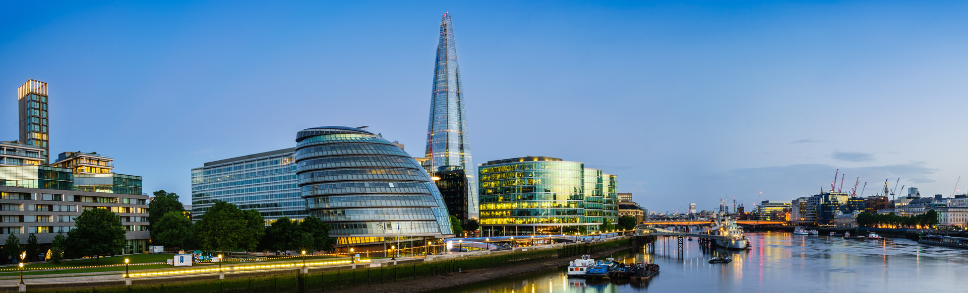 Front view of the Cityhall, the Shard and More London at the riverside.
