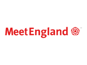 A red logo that reads MeetEngland next to a red Tudor rose icon on a white background.