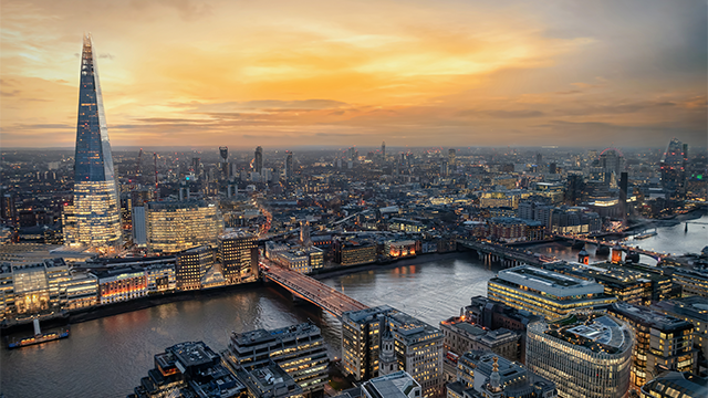An aerial shot of the London skyline in the evening with a view of The Shard