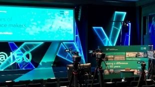 Studio equipment and technology at IET London: Savoy Place with turquoise screens and media lights.