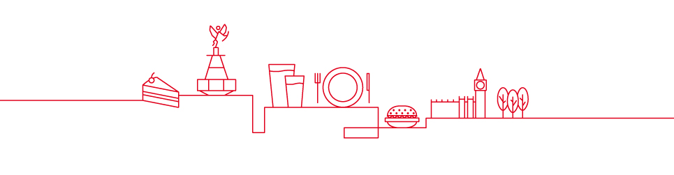 Iconography of cake slice, two glasses, plate, burger, the Houses of Parliament and trees