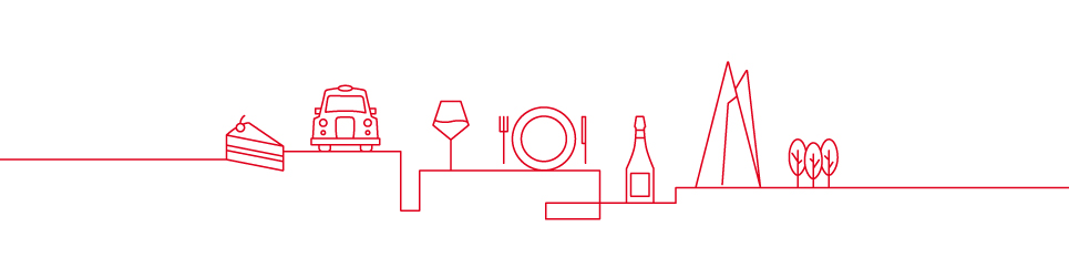 Iconography of cake slice, black cab, wine glass, plate, champagne bottle, The Shard and trees