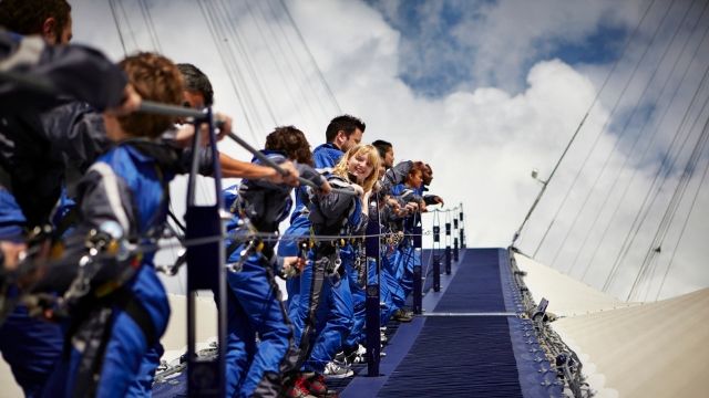 Group of people in a line walking up the roof, holding onto the handrail, wearing blue safety suits.