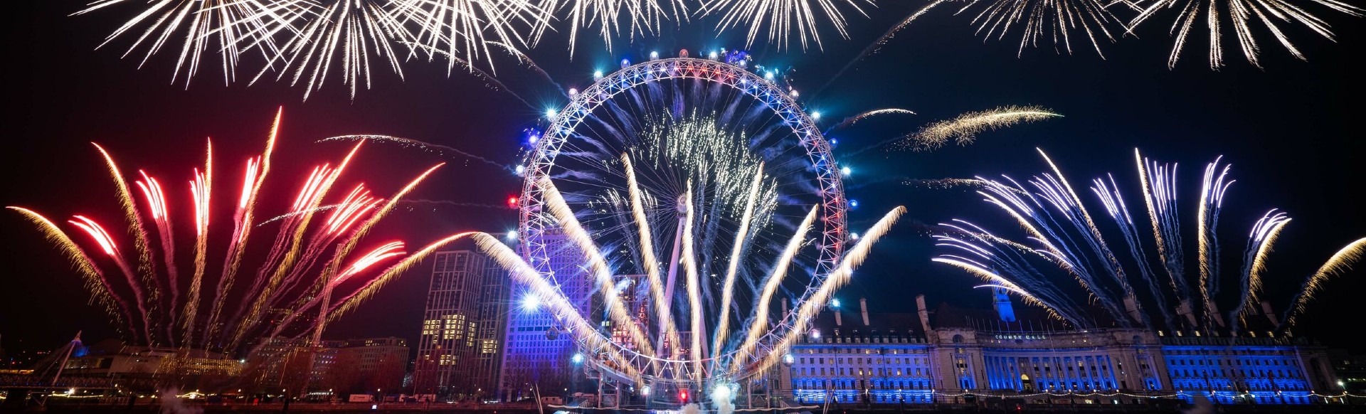 New Year's Eve fireworks illuminate the night sky.