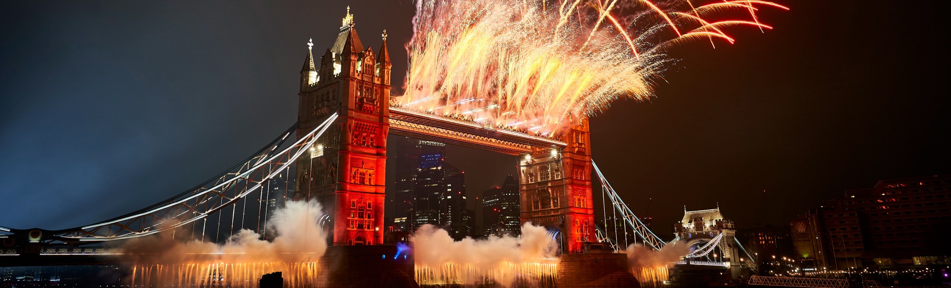 View of London's spectacular New Year's Eve fireworks over Tower Bridge.