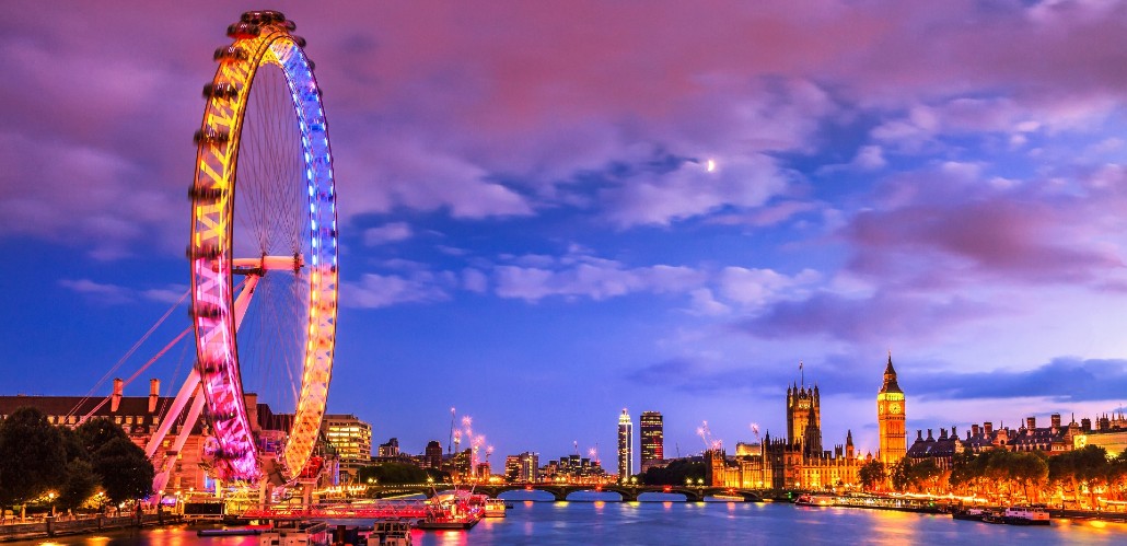 London skyline at dusk with Big Ben and the London Eye.