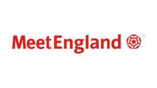 Meet England logo in red on white background. 