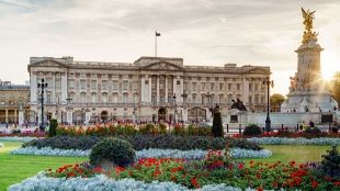 Buckingham Palace with its green garden and golden statue in the front.