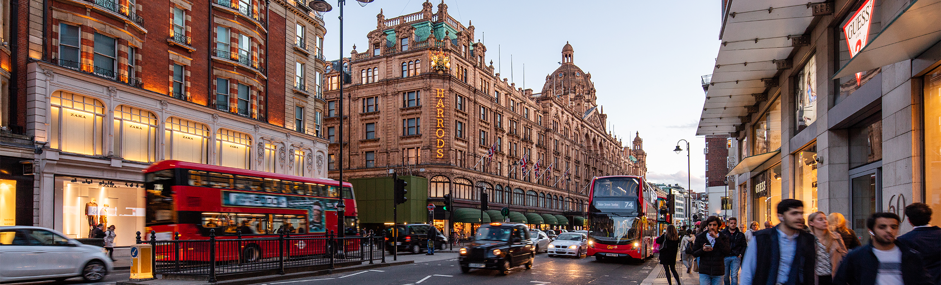 Street view of Harrods in Knightsbridge