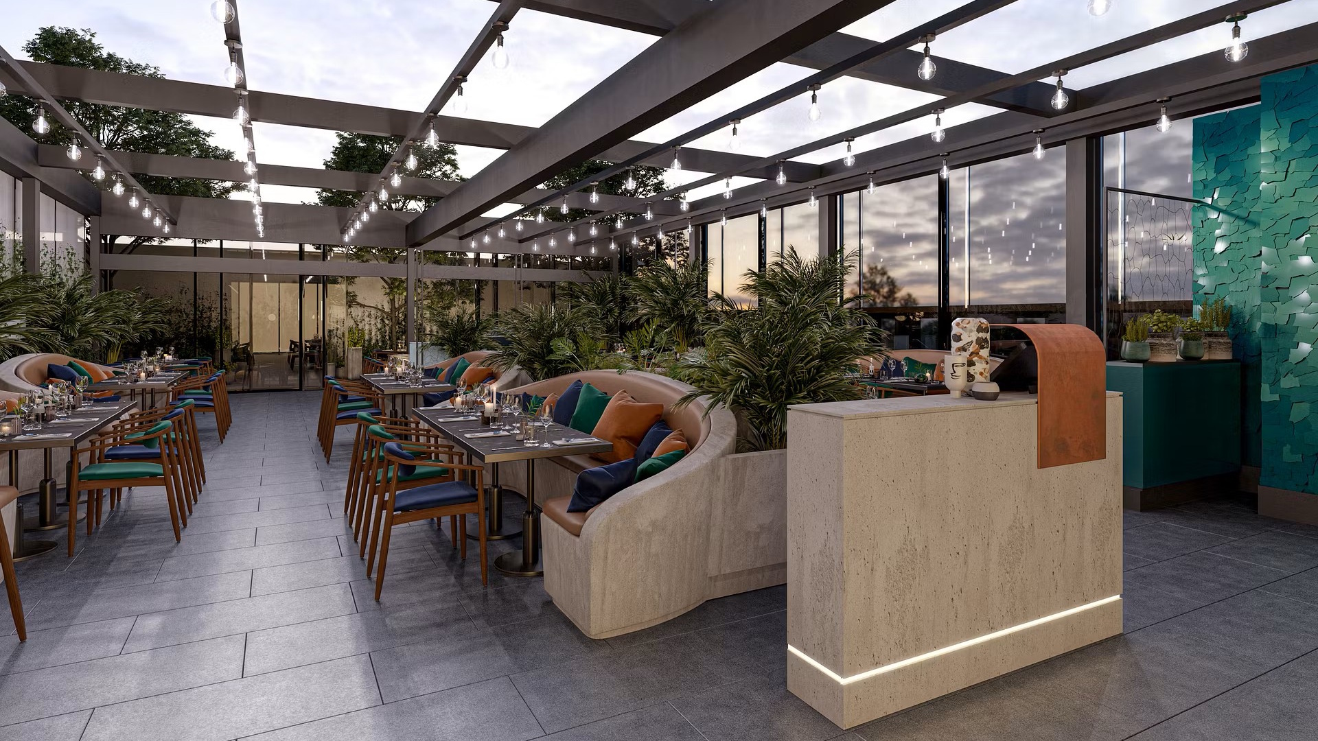 The outdoor terrace at The Gantry London, Curio Collection by Hilton, with hanging lights, tables, chairs and views of London.