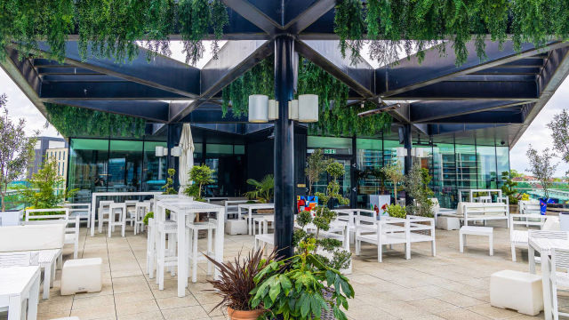 An outdoor dining area with a canopy with hanging plants over several white dining tables.