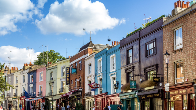 Colourful houses and antique shop fronts in Notting Hill.