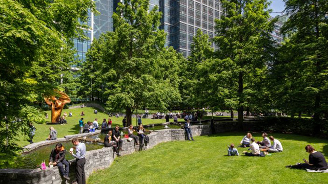 People in the park on a sunny day with office buildings in the background