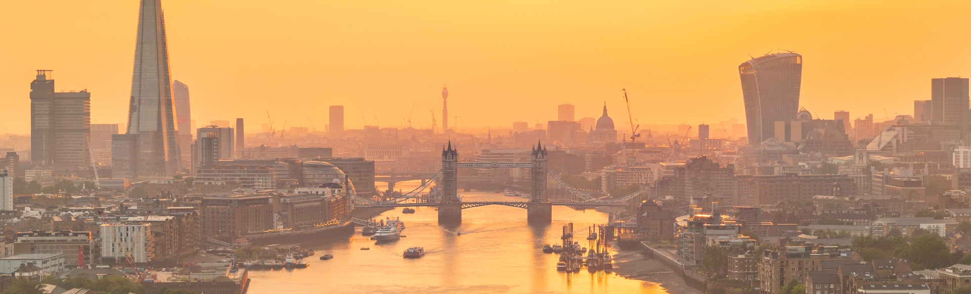 View of the London skyline, including the Shard and Tower bridge