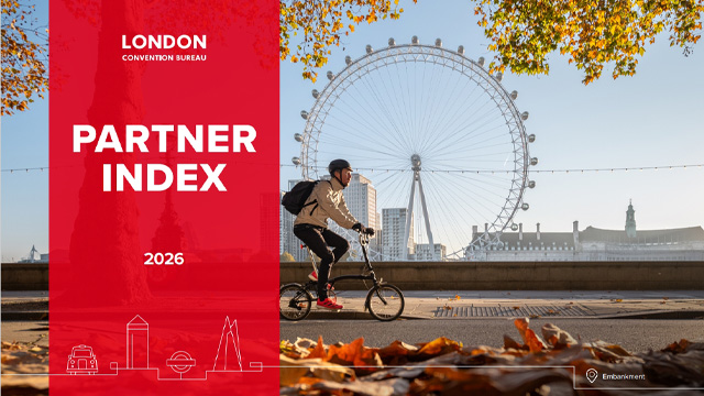 A cover image of a man cycling along the Thames with the London Eye in the background, and a red banner overlaying the image with text that reads London & Partners Partner Index 2026.