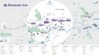 A map of the Elizabeth line with information about hotels and bedrooms for each station. 