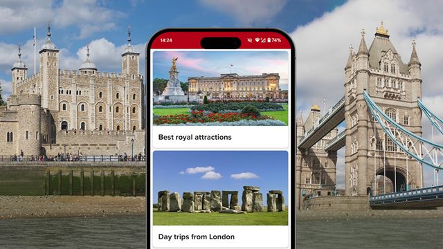An image of a mobile phone showing the Visit London app with images of Buckingham Palace and Stonehenge, plus featuring the Tower of London and Tower Bridge in the background on a sunny day.